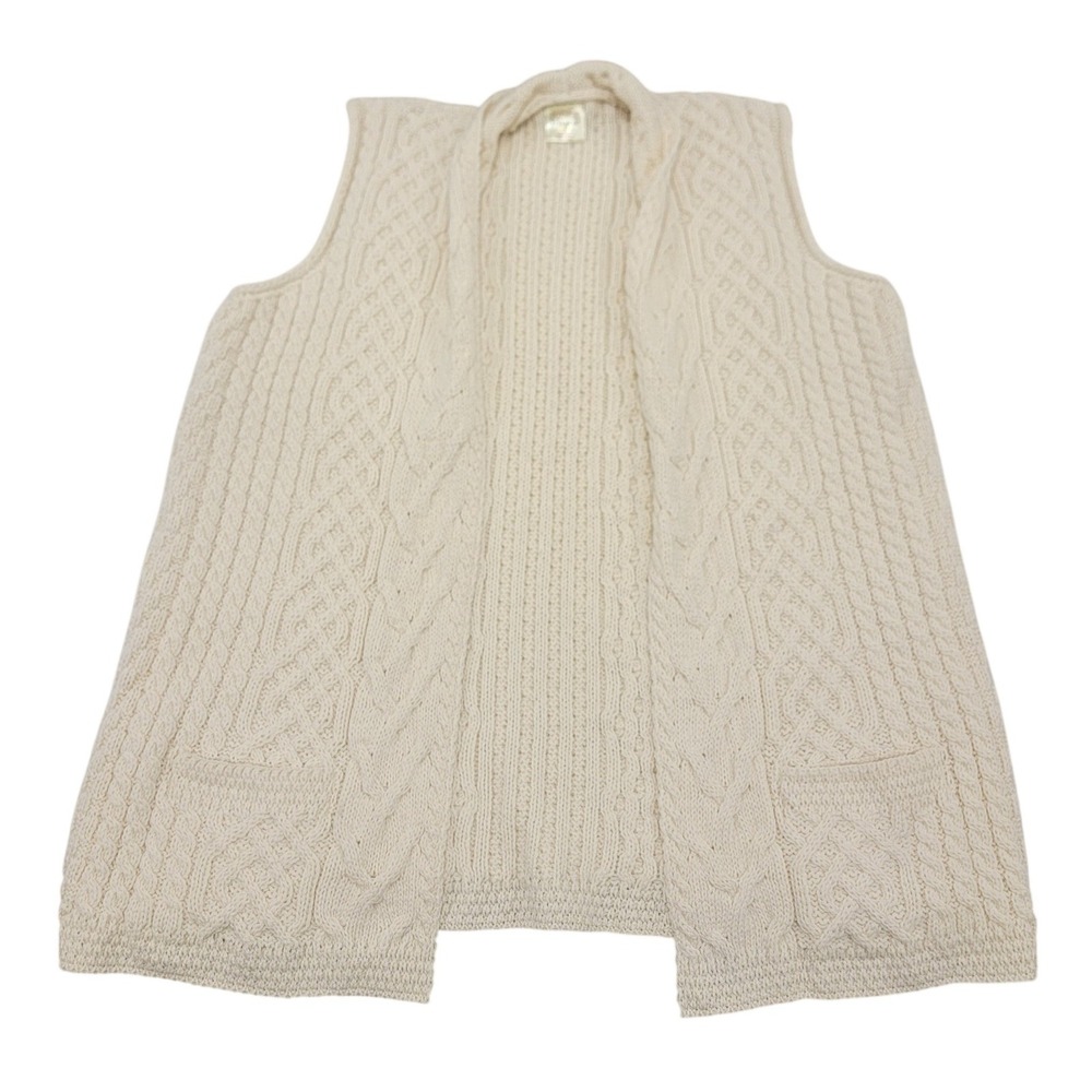 Kilronan Knitwear Merino Wool Aran Cable Knit Vest Cream Made in Ireland XL